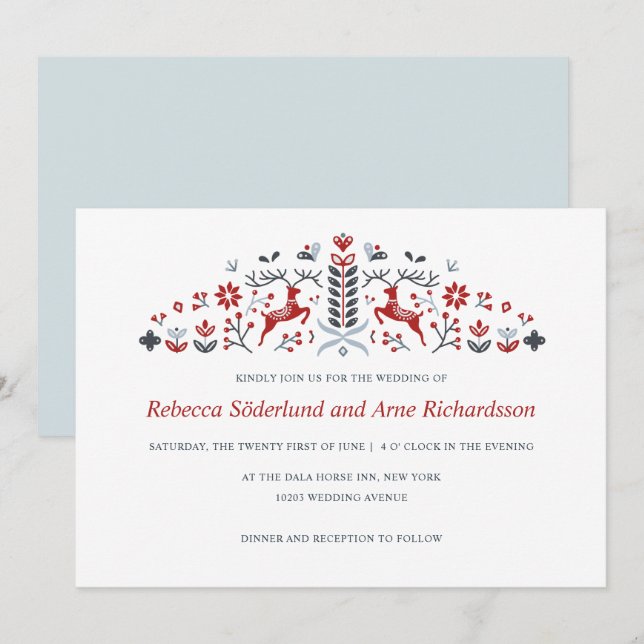 Scandinavian Folk Art Reindeer and Hearts Wedding Invitation (Front/Back)