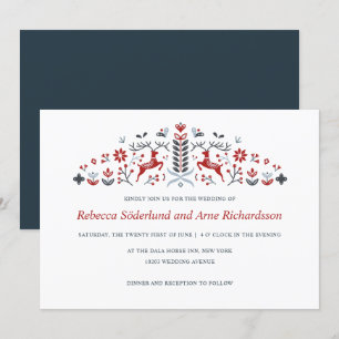 Scandinavian Folk Art Reindeer and Hearts Wedding Invitation