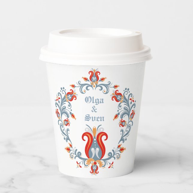 Scandinavian Folk Art Rosemaling Personalized Paper Cups (Front)