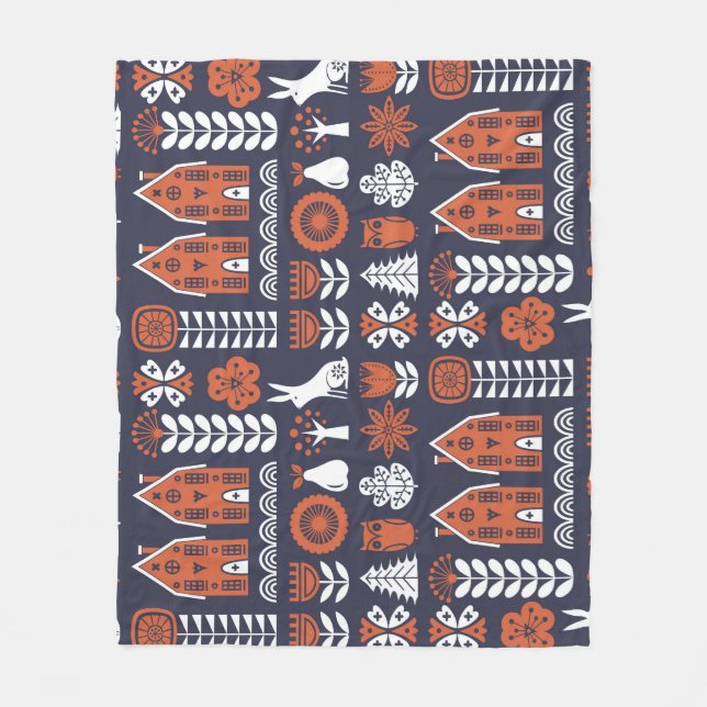 Scandinavian Folk Art Vintage Pattern Fleece Blanket (Front)