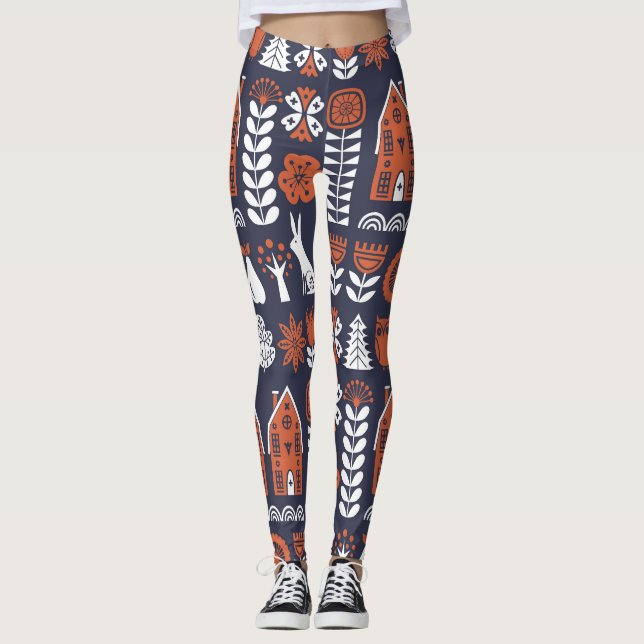 Scandinavian Folk Art Vintage Pattern Leggings (Front)