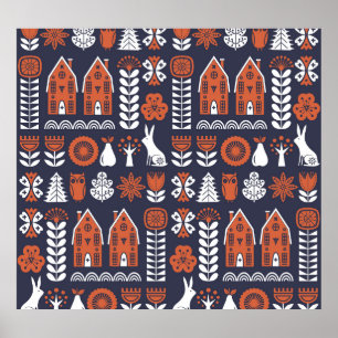 Scandinavian Folk Art Vintage Pattern Poster