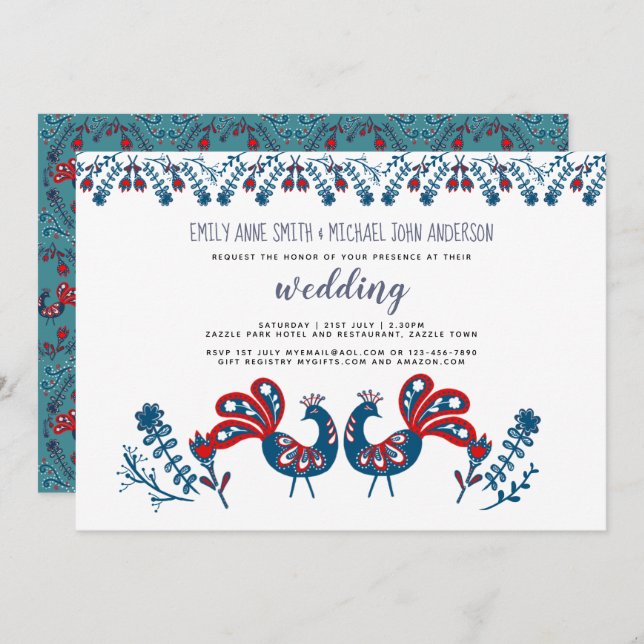 Scandinavian Folk Art WEDDING Invitation Birds (Front/Back)