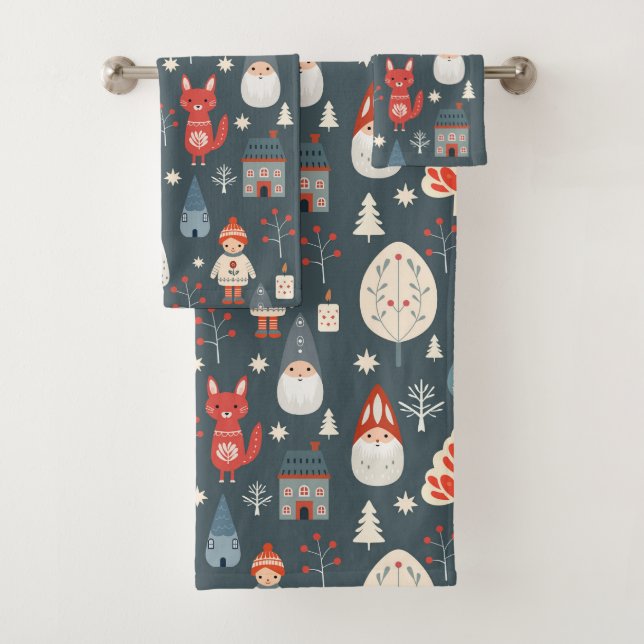 Scandinavian folk art with Christmas gnomes  Bath Towel Set (Insitu)