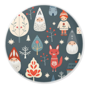 Scandinavian folk art with Christmas gnomes  Ceramic Knob