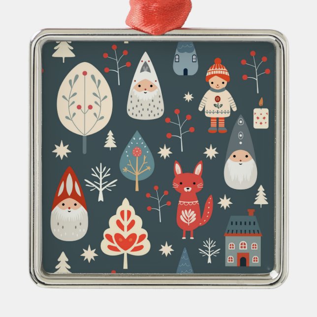 Scandinavian folk art with Christmas gnomes  Metal Ornament (Front)