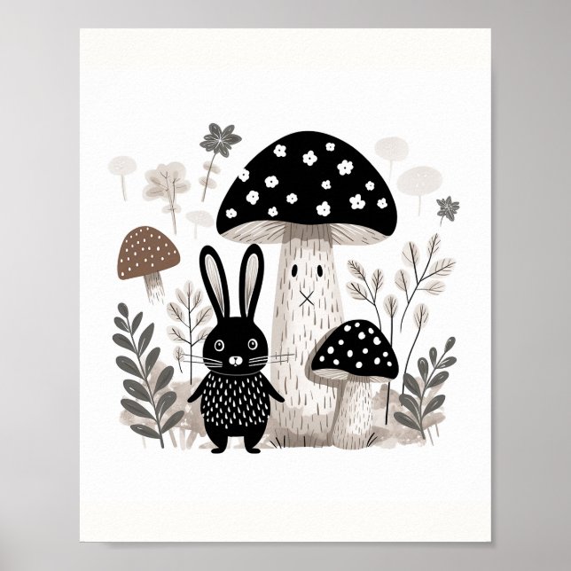 Scandinavian Folk Bunny & Mushroom Art Poster (Front)