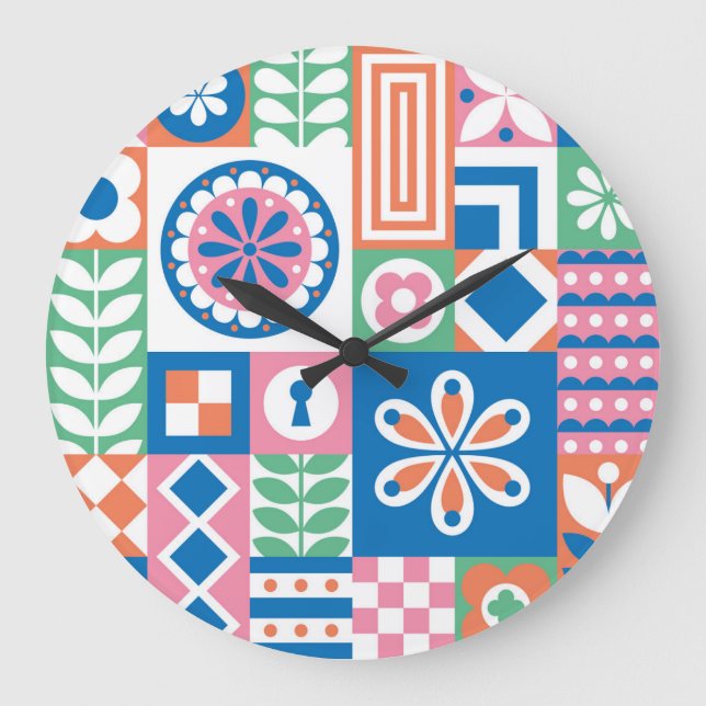 Scandinavian Folk Floral Abstract Pattern Large Clock (Front)