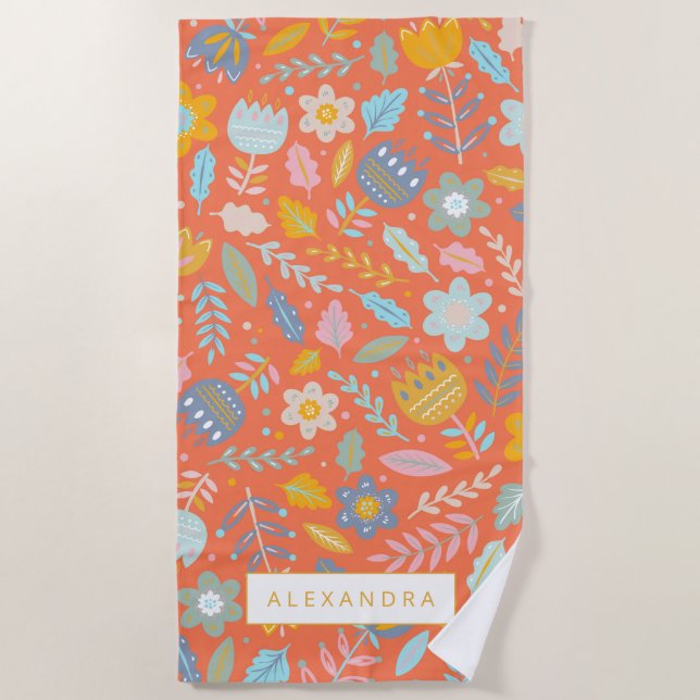 Scandinavian Folk Floral Pattern in Orange Name Beach Towel (Front)