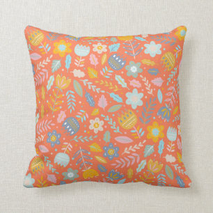 Scandinavian Folk Floral Pattern in Orange Throw Pillow