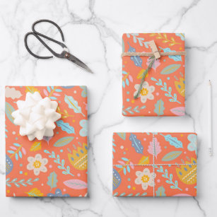 Scandinavian Folk Floral Pattern in Orange Wrapping Paper Sheet