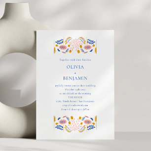 Scandinavian Folk Flowers Blue Yellow Chic Wedding Invitation