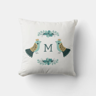 Scandinavian folk motif with birds and flowers throw pillow