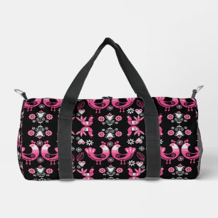 Scandinavian Folk Pink And White Birds Duffle Bag