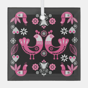 Scandinavian Folk Pink And White Birds Glass Ornament