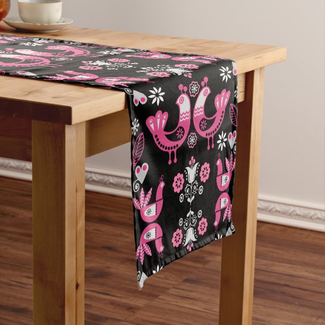 Scandinavian Folk Pink And White Birds Medium Table Runner (In Situ)