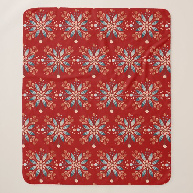 Scandinavian Folk Snowflake Red Background Sherpa Blanket (Front)