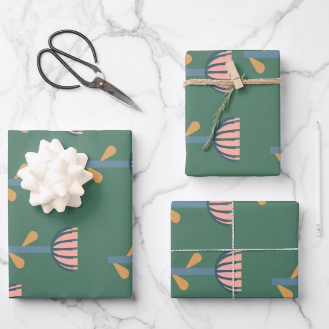 Scandinavian Folk Style Floral Pattern in Green Wrapping Paper Sheet (Front)