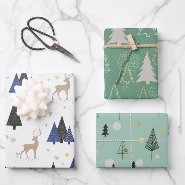 Scandinavian Forest Christmas Trees Set of 3 Wrapping Paper Sheet (Front)
