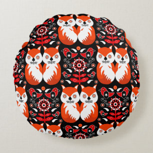 Scandinavian Fox Folk Art Round Pillow