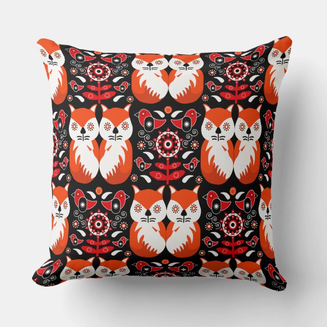 Scandinavian Fox Folk Art Throw Pillow (Front)