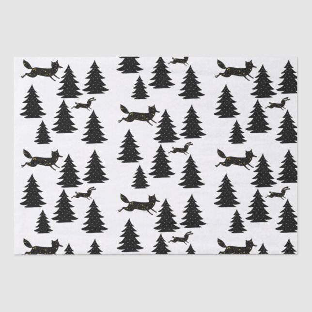Scandinavian Fox Rabbit Black Christmas Tree  Tissue Paper (Front)