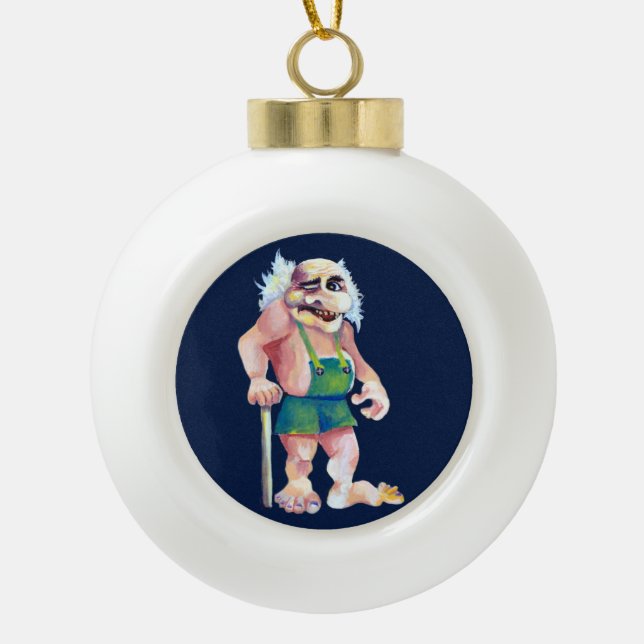 Scandinavian Funny Looking Ogre Troll Ceramic Ball Christmas Ornament (Front)