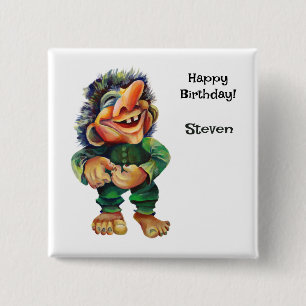 Scandinavian Funny Troll Illustration Watercolor 2 Inch Square Button