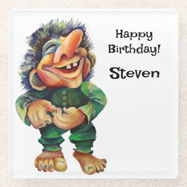 Scandinavian Funny Troll Illustration Watercolor Glass Coaster (Front)