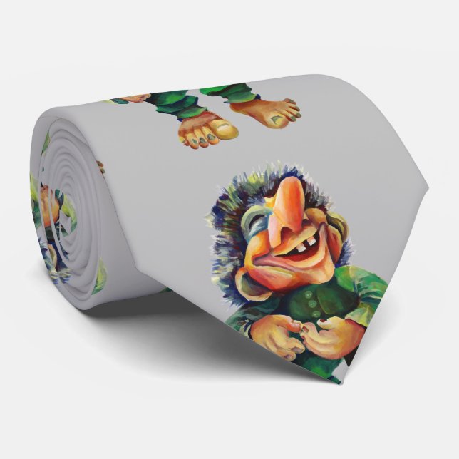 Scandinavian Funny Troll Illustration Watercolor Tie (Rolled)