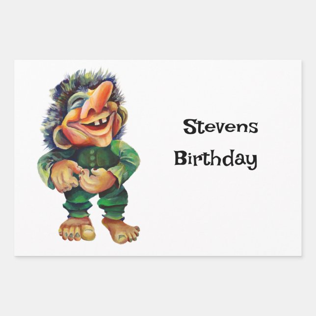 Scandinavian Funny Troll Illustration Watercolor Wrapping Paper Sheet (Front)