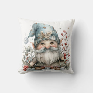 Scandinavian Gnome in Baby Blue Watercolor Throw Pillow