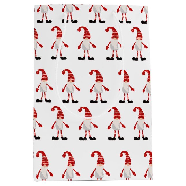 Scandinavian Gnome Red White Grey Xmas Pattern Medium Gift Bag (Front)