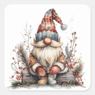 Scandinavian Gnome Sitting on a Log  Square Sticker