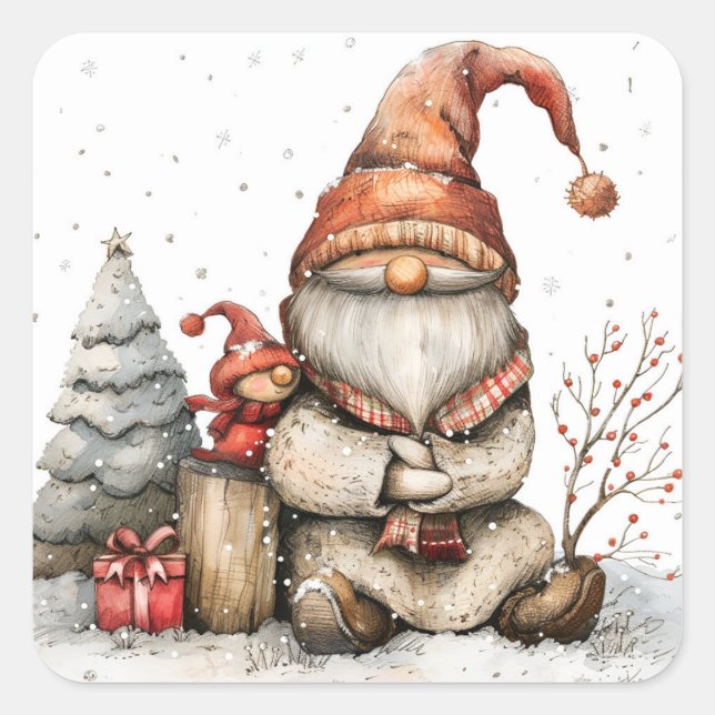 Scandinavian Gnomes Red and Friend Christmas  Square Sticker (Front)