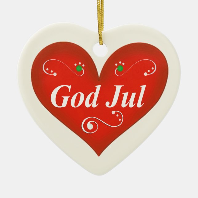 Scandinavian God Jul Christmas Heart Ceramic Ornament (Front)