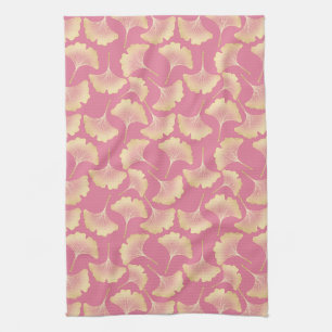 Scandinavian Gold Ginkgo Botanical Pink Pattern Kitchen Towel