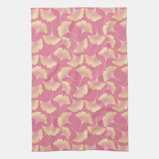 Scandinavian Gold Ginkgo Botanical Pink Pattern Kitchen Towel (Vertical)