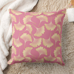 Scandinavian Gold Ginkgo Botanical Pink Pattern Throw Pillow