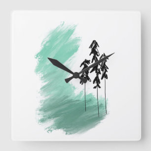 Scandinavian green tree art simple modern mint square wall clock