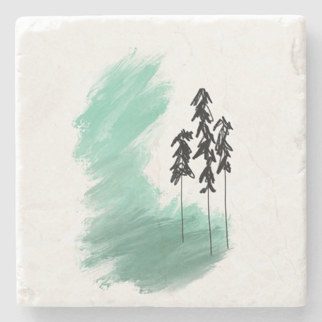 Scandinavian green tree art simple modern mint  stone coaster (Front)