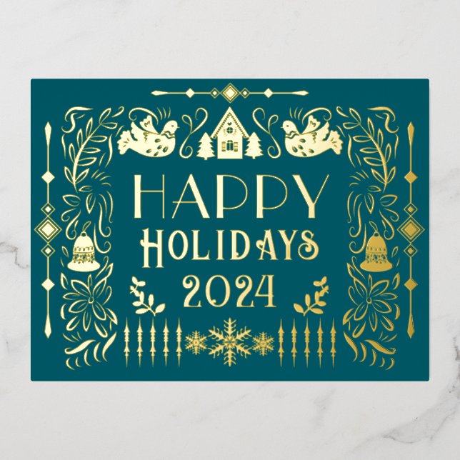 Scandinavian Happy Holidays Year Teal Foil Holiday Postcard (Front)