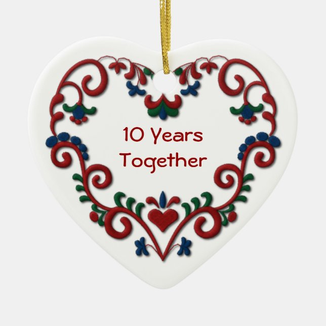 Scandinavian Heart 10 Years Together Anniversary Ceramic Ornament (Front)