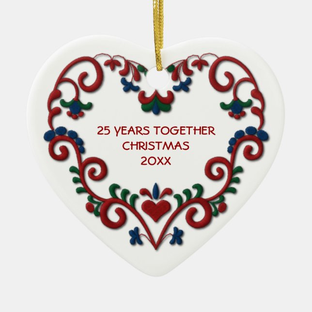 Scandinavian Heart 25 Years Together Photo Ceramic Ornament (Front)