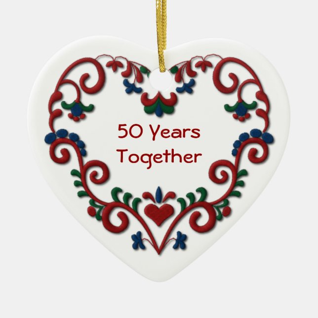 Scandinavian Heart 50 Years Golden Anniversary Ceramic Ornament (Front)