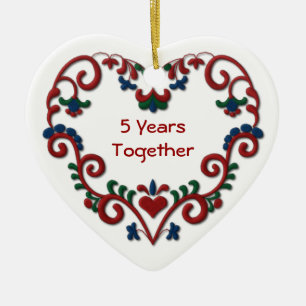 Scandinavian Heart 5 Years Together Anniversary Ceramic Ornament