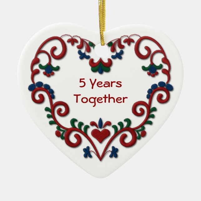 Scandinavian Heart 5 Years Together Ceramic Ornament (Front)