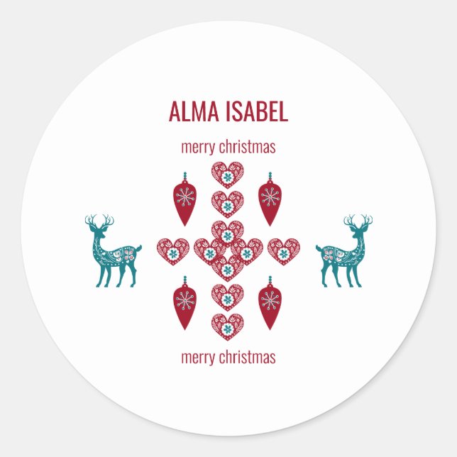 Scandinavian Hearts Reindeer Personalize Name Xmas Classic Round Sticker (Front)
