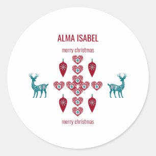 Scandinavian Hearts Reindeer Personalize Name Xmas Classic Round Sticker
