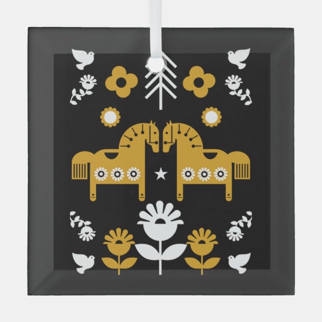 Scandinavian Horse Folk Art Glass Ornament (Front)